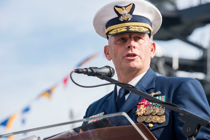 Vice Adm. William Lee, Coast Guard Atlantic Area commander, speaks during a ceremony to commission Coast Guard Cutter Hamilton, the first National Security Cutter to be stationed on the East Coast, Dec. 6, 2014. Hamilton is the Coast Guard’s fourth 418-foot Legend-Class National Security Cutter. (Coast Guard photo by Petty Officer 1st Class Stephen Lehmann)