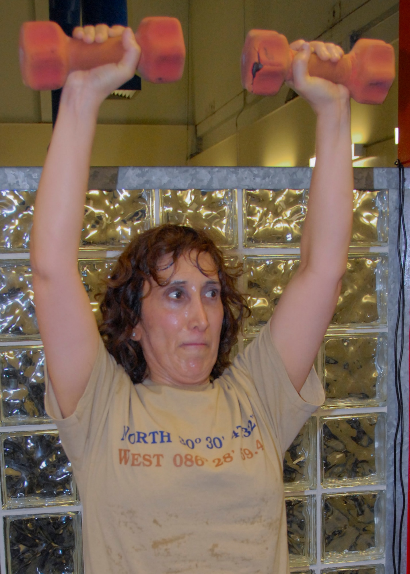 Ghada Laroux, of the 782nd Test Squadron, performs overhead dumbbell presses at the Muscle Max strength training class at the Fitness Annex at Eglin Air Force Base, Fla.  The class is available to help anyone with base access maintain their fitness through the holiday season and year-round.  (U.S. Air Force photo/Kevin Gaddie)