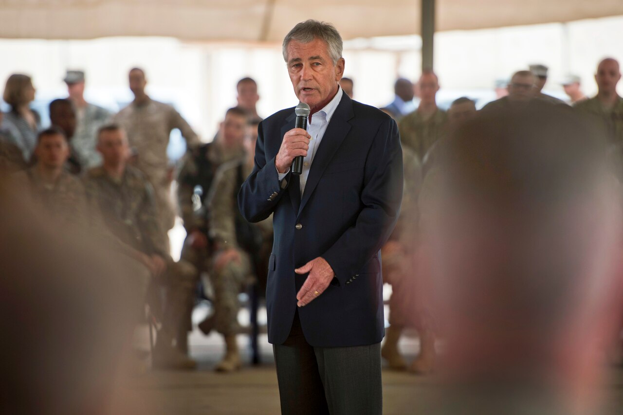Defense Secretary Chuck Hagel addresses service members during a visit to Baghdad, Dec. 9, 2014. DoD photo by Air Force Master Sgt. Adrian Cadiz