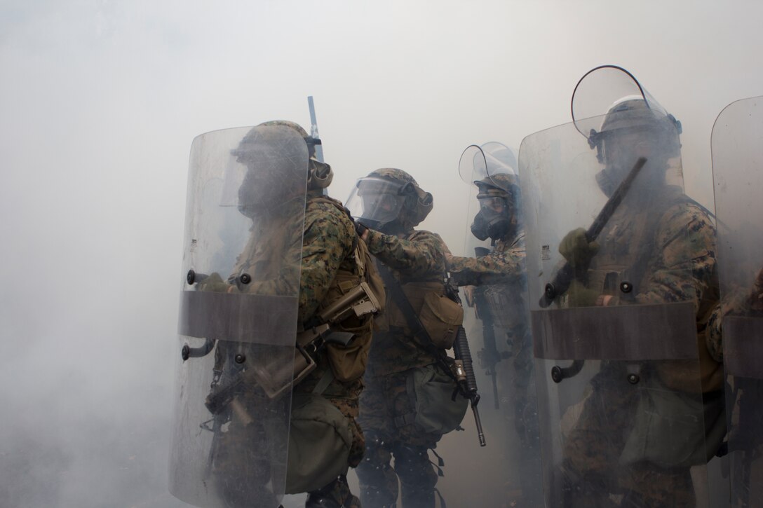 U.S. Marines with SPMAGTF Crisis Response – Africa march though tear gas during crowd and riot control technique practice techniques at the National Gendarmerie Training Center in St. Astier, France, Dec. 2, 2014. The exercise, which was conducted with the French Gendarmerie, allowed the Marines to gain greater knowledge of non-lethal tactics, techniques and procedures while enhancing interoperability with the French Gendarmerie and strengthening the U.S. partnership with France.  (U.S. Marine Corps photo by Cpl Jeraco Jenkins/Released).