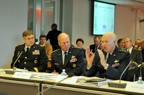 Air Force Lt. Gen. Harry M. Wyatt III, the director of the Air National Guard, right, briefs the Advisory Panel on Department of Defense Capabilities for support of Civil Authorities After Certain Incidents in Arlington, Va., on March 17, 2010, while Army Maj. Gen. Mike Sumrall, the director of the National Guard Bureau's Joint Staff, left, and Air Force Gen. Craig McKinley, the chief of the National Guard Bureau, listen. A new threat environment means a transformed National Guard should maintain its force following drawdowns in Iraq and Afghanistan, McKinley told the panel.