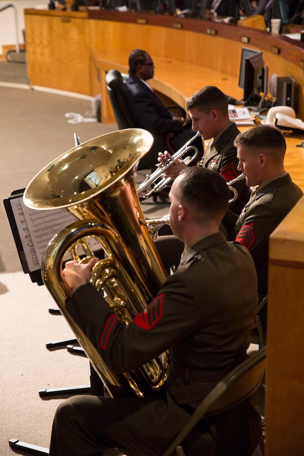 Members of the Marine Corps Band New Orleans perform at the New Orleans City Hall for the city council’s Military Appreciation Day, Dec. 11, 2014. The band played a medley of each service’s hymn to honor the service members attending the event. (U.S. Marine Corps photo by Lance Cpl. Ian Leones/Released)