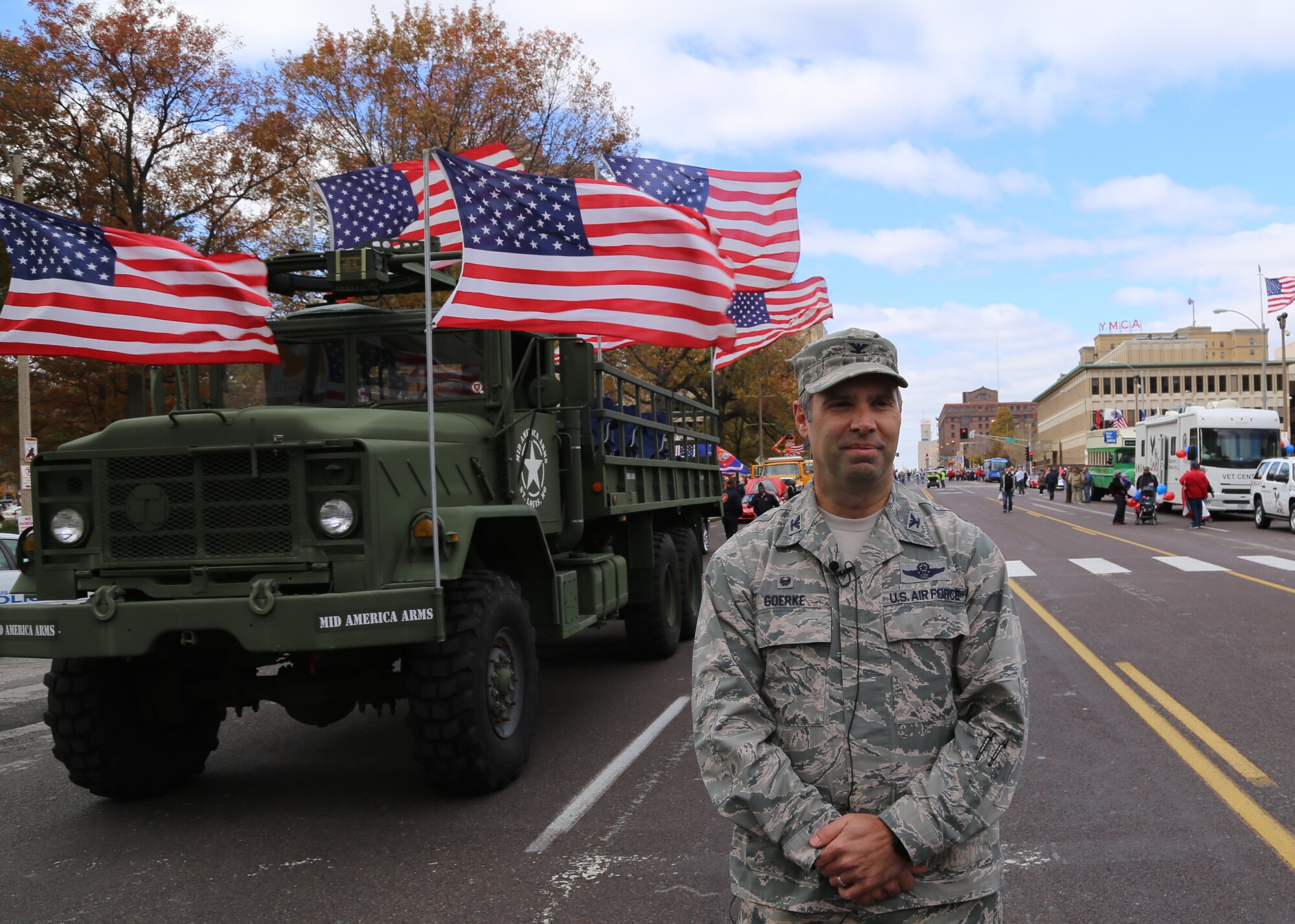 Col. Karl Goerke, 932nd Airlift Wing Commander, during the St. Louis Veterans Day Parade on Nov. 11, 2014 in St. Louis, Missouri. The parade is held to honor all current and former military members and to recognize them for their service. (U.S. Air Force photo/Tech. Sgt. Christopher Parr)