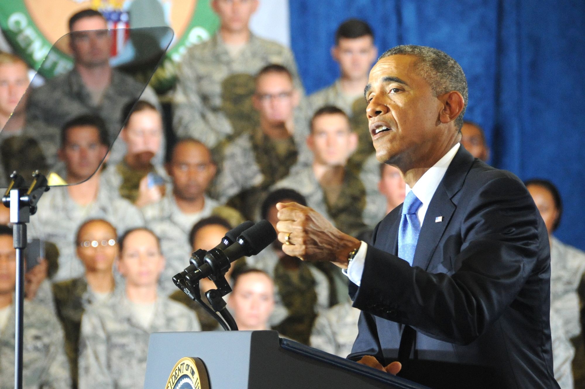 President Barack Obama speaks to members of Team MacDill at the Short Fitness Center on MacDill Air Force Base, Fla, Sept. 17, 2014. The President thanked the men and women for their service and spoke on how the United States will partner with others in the region to carry out his strategy to degrade and defeat the Islamic State of Iraq and the Levant. (U.S. Air Force photo by SSgt. Adam Bergman/Released)