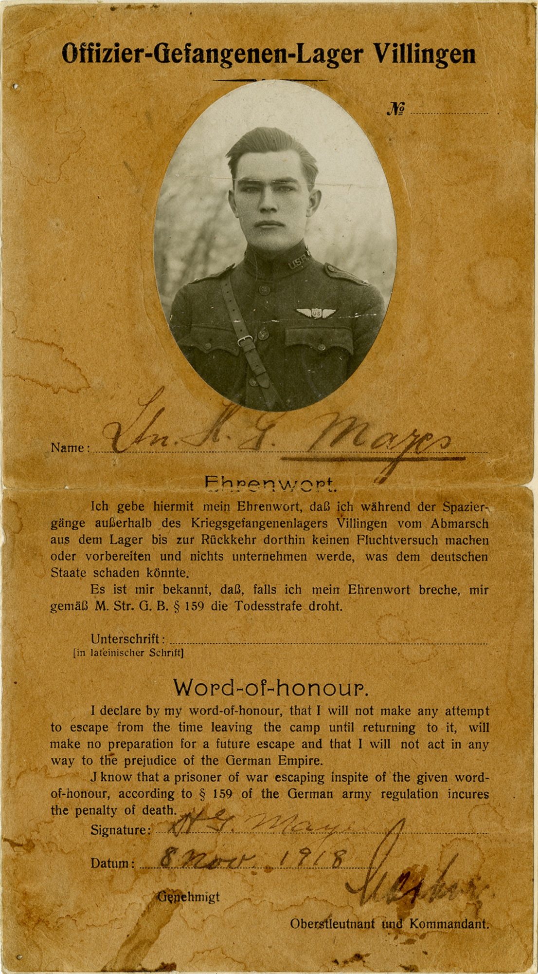 This collection of papers pertaining to Lt. Howard G. Mayes poignantly illustrates the human cost of the war effort. This selection of correspondence illustrates what it was like for many American families to learn a loved one had been injured, captured or killed. Captured American airmen interned at the POW Camp in Villingen, Germany, were required to sign an oath promising they would not attempt to escape. (U.S. Air Force photo)