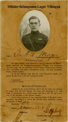 This collection of papers pertaining to Lt. Howard G. Mayes poignantly illustrates the human cost of the war effort. This selection of correspondence illustrates what it was like for many American families to learn a loved one had been injured, captured or killed. Captured American airmen interned at the POW Camp in Villingen, Germany, were required to sign an oath promising they would not attempt to escape. (U.S. Air Force photo)
