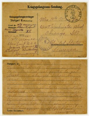 This collection of papers pertaining to Lt. Howard G. Mayes poignantly illustrates the human cost of the war effort. This selection of correspondence illustrates what it was like for many American families to learn a loved one had been injured, captured or killed. The German army permitted limited correspondence between interned airmen and their families. This postcard from Stuttgart, Germany, was mailed by Lt. Howard G. Mayes to his family. (U.S. Air Force photo)
