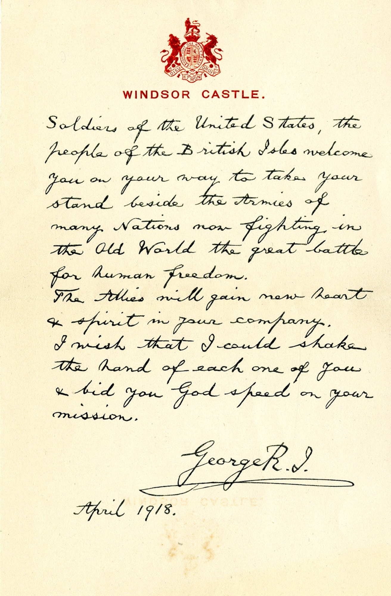 By the time the United States joined the effort in 1917, Great Britain had been at war with the Central Powers since August, 1914. The bulk of Gen. John "Black Jack" Pershing's American Expeditionary Forces began arriving at the Western Front in the spring of 1918, after first stopping in England before sailing for France. Upon their arrival in England, many soldiers and airmen were given an envelope containing a very special message from King George V. (U.S. Air Force photo)