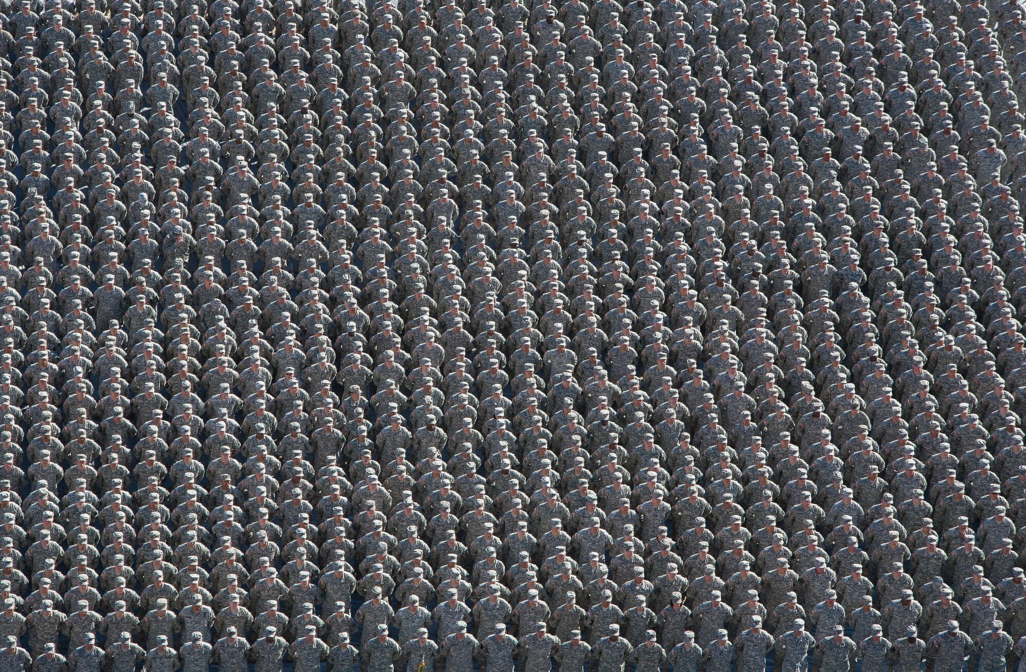 Arizona National Guard Soldiers from the 158th Maneuver Enhancement Brigade stand in formation on the field at Arizona State University’s Sun Devil Stadium, Dec. 7, 2014 in Tempe, Ariz. The formation, which was part of the Arizona National Guard Muster and Community Expo, was the first time in over a century Arizona Soldiers and Airmen assembled together in mass formation. (U.S. Army National Guard photo by Staff Sgt. Brian A. Barbour)