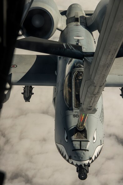 U.S. Air Force Capt. Andrew McCoy, 74th Fighter Squadron A-10C Thunderbolt II pilot, connects to a KC-10 Extender boom, Dec. 1, 2014, in the skies over Texas. McCoy was part of a formation that flew A-10Cs from Moody Air Force Base, Ga. to Fort Bliss, Texas for Exercise IRON STRIKE. (U.S. Air Force Photo by Airman 1st Class Ryan Callaghan/Released)