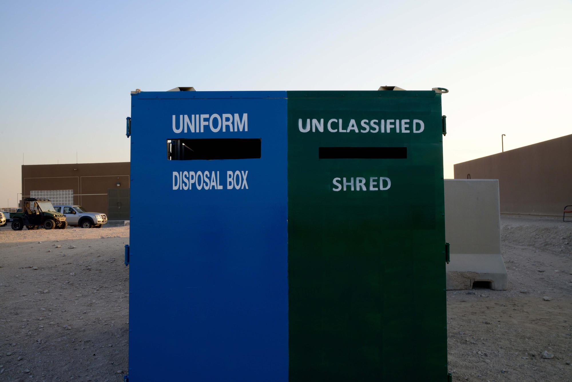 To help prevent OPSEC violations, the 379th Air Expeditionary Wing positioned four massive un-classified paper shred and uniform drop-off bins at locations around the Blatchford Preston Compound and the Coalition Compound to help people securely destroy these items.