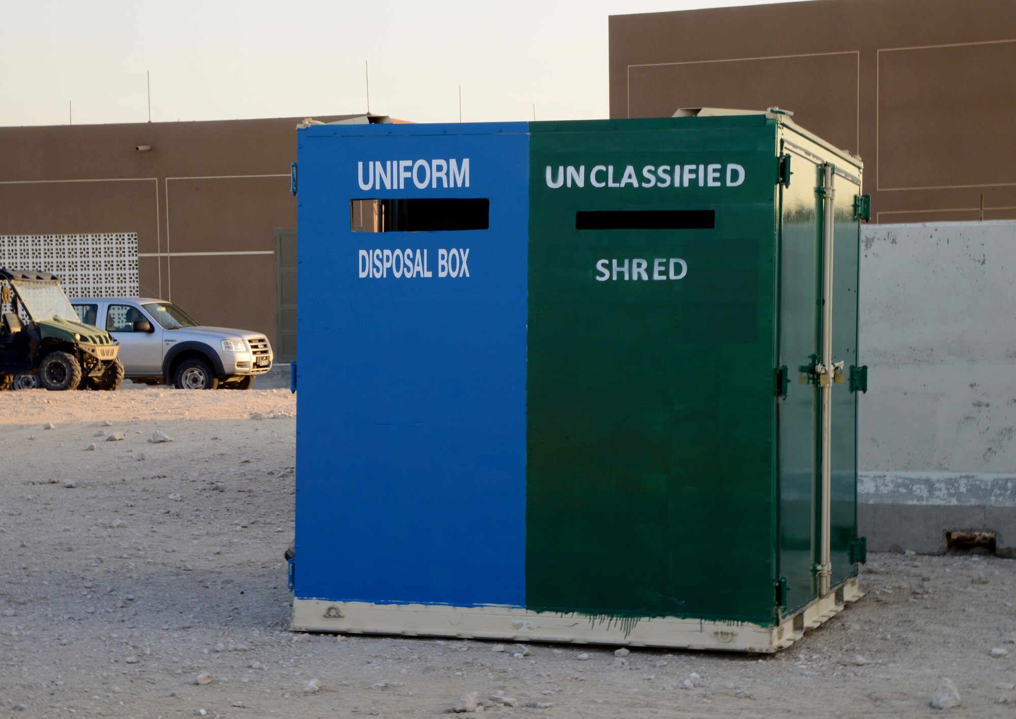 To help prevent OPSEC violations, the 379th Air Expeditionary Wing positioned four massive un-classified paper shred and uniform drop-off bins at locations around the Blatchford Preston Compound and the Coalition Compound to help people securely destroy these items.