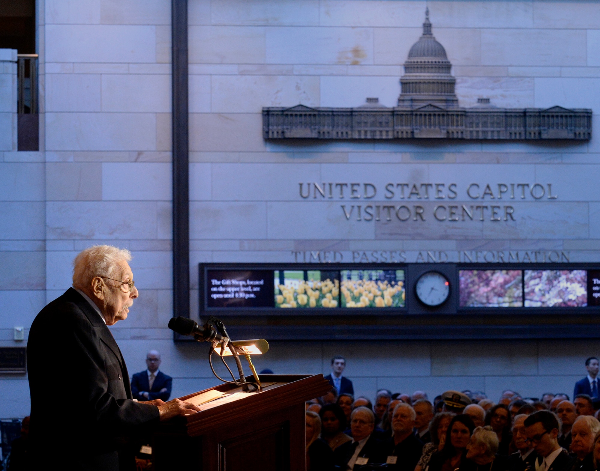 Lester Wolff, a former member of Congress and Civil Air Patrol veteran, shares a few words during a Congressional Gold Medal ceremony honoring the CAP World War II members Dec. 10, 2014, on Capitol Hill, Washington, D.C. (U.S. Air Force/Andy Morataya)
