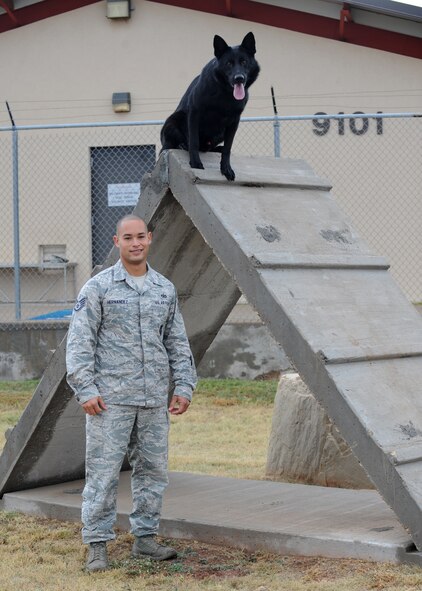 U.S. Air Force Staff Sgt. Andre Hernandez, 7th Security Forces Squadron K-9 handler, stands with his dog, Ivan, Nov. 14, 2014, at Dyess Air Force Base, Texas. Hernandez attended his 7-level training and K-9 school in 2010, and has been a handler for three years. Ivan is his fifth dog. (U.S. Air Force photo by Senior Airman Shannon Hall/Released)