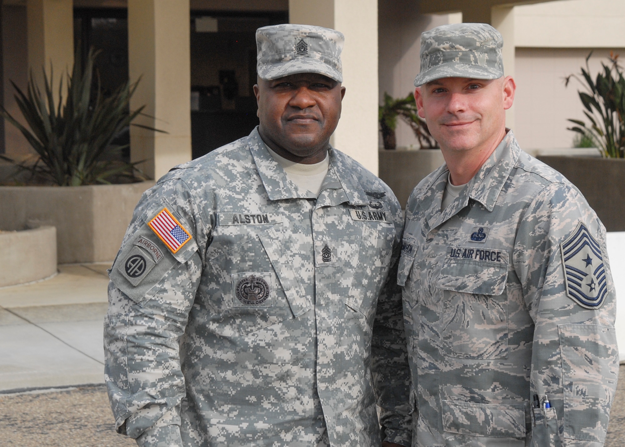 U.S. Army Command Sgt. Maj. Patrick Z. Alston (left), senior enlisted advisor, U.S. Strategic Command, takes time for a photo with U.S. Air Force Chief Master Sgt. Patrick F. McMahon, command chief, 14th Air Force (Air Forces Strategic) and senior enlisted leader, Joint Functional Component Command for Space, during a visit to Vandenberg Air Force Base, Calif., Dec. 10, 2014.  During the visit, senior leaders from USSTRATCOM view various facilities and mission areas from JFCC Space and the 381st Training Group which support USSTRATCOM's global cyber, space and nuclear deterrence missions.  (U.S. Air Force photo by Capt. Nicholas Mercurio/Released)