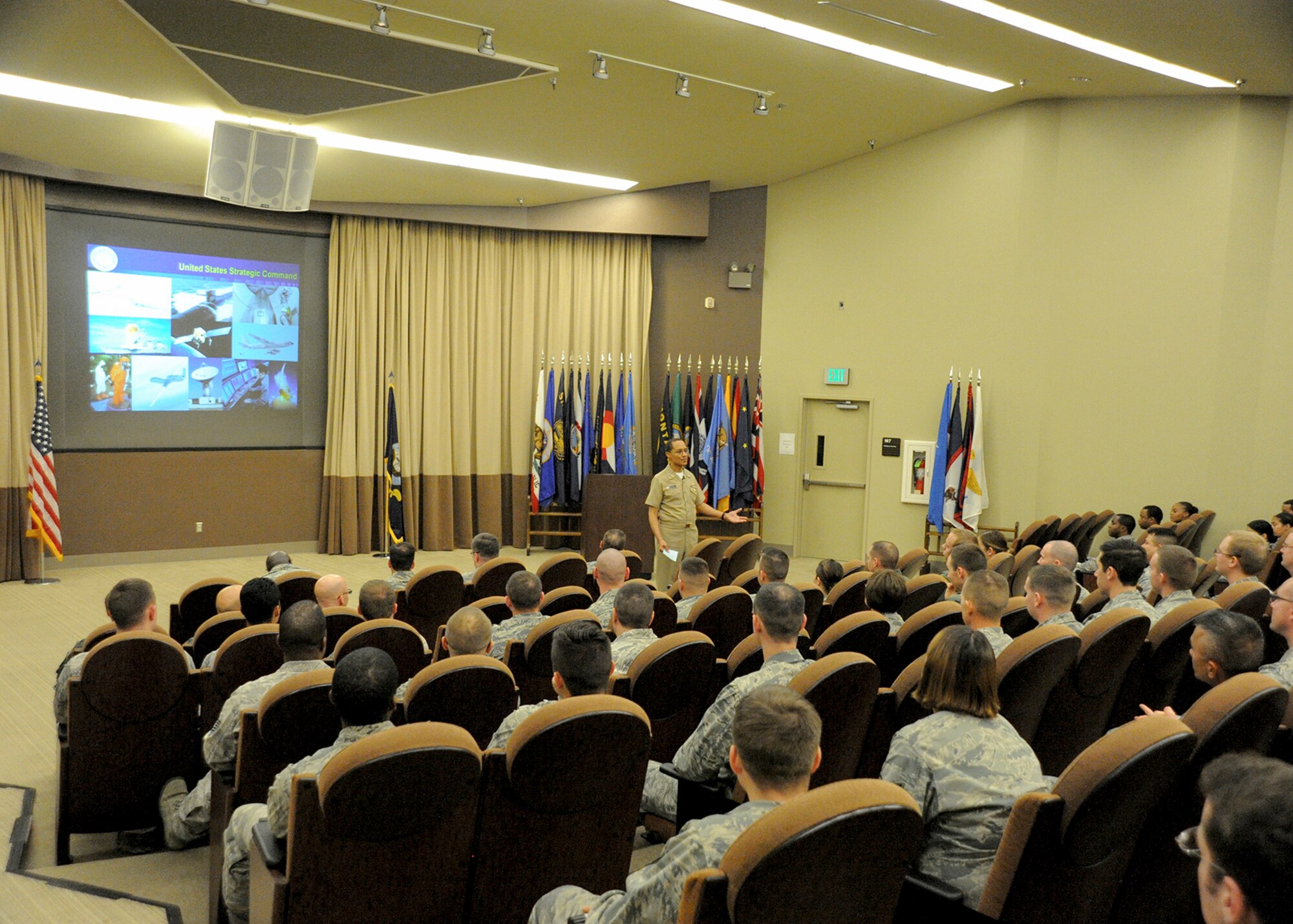 U.S. Navy Adm. Cecil D. Haney, U.S. Strategic Command commander, speaks to members of the 381st Training Group during an "all call" at Vandenberg Air Force Base, Calif., Dec. 10, 2014. The 381st TRG supports USSTRATCOM's mission to provide the nation a safe, secure and effective nuclear deterrence force by training the men and women responsible for operating and maintaining its nuclear weapon systems and facilities. (U.S. Air Force photo by Airman 1st Class Robert Volio/Released)