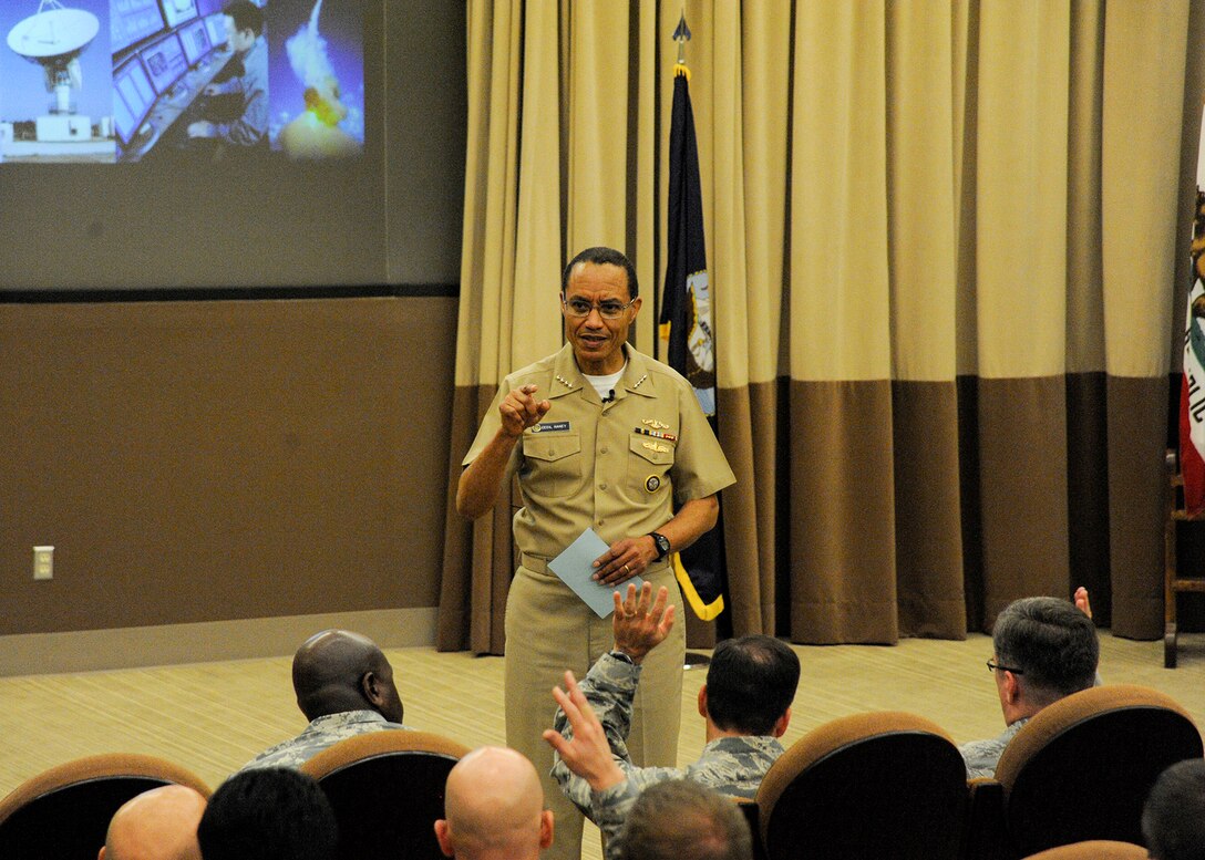 U.S. Navy Adm. Cecil D. Haney, U.S. Strategic Command commander, answers a question from a member of the 381st Training Group during an "all call" at Vandenberg Air Force Base, Calif., Dec. 10, 2014. The 381st TRG supports USSTRATCOM's mission to provide the nation a safe, secure and effective nuclear deterrence force by training the men and women responsible for operating and maintaining its nuclear weapon systems and facilities. (U.S. Air Force photo by Airman 1st Class Robert Volio/Released)