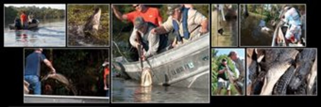 Alligator hunters and their guide navigate the waterways of Chicot State Park during an alligator in Ville Platt, La., Sept. 3, 2014.   The hunters took part in the special hunt set up through the Wounded War Heroes of Louisiana.   Only forty alligators can be taken from these waters each year through a special permit from the Louisiana Department of Wildlife and Fisheries. (U.S. Air Force photo by Tech. Sgt. Ted Daigle/Released)
