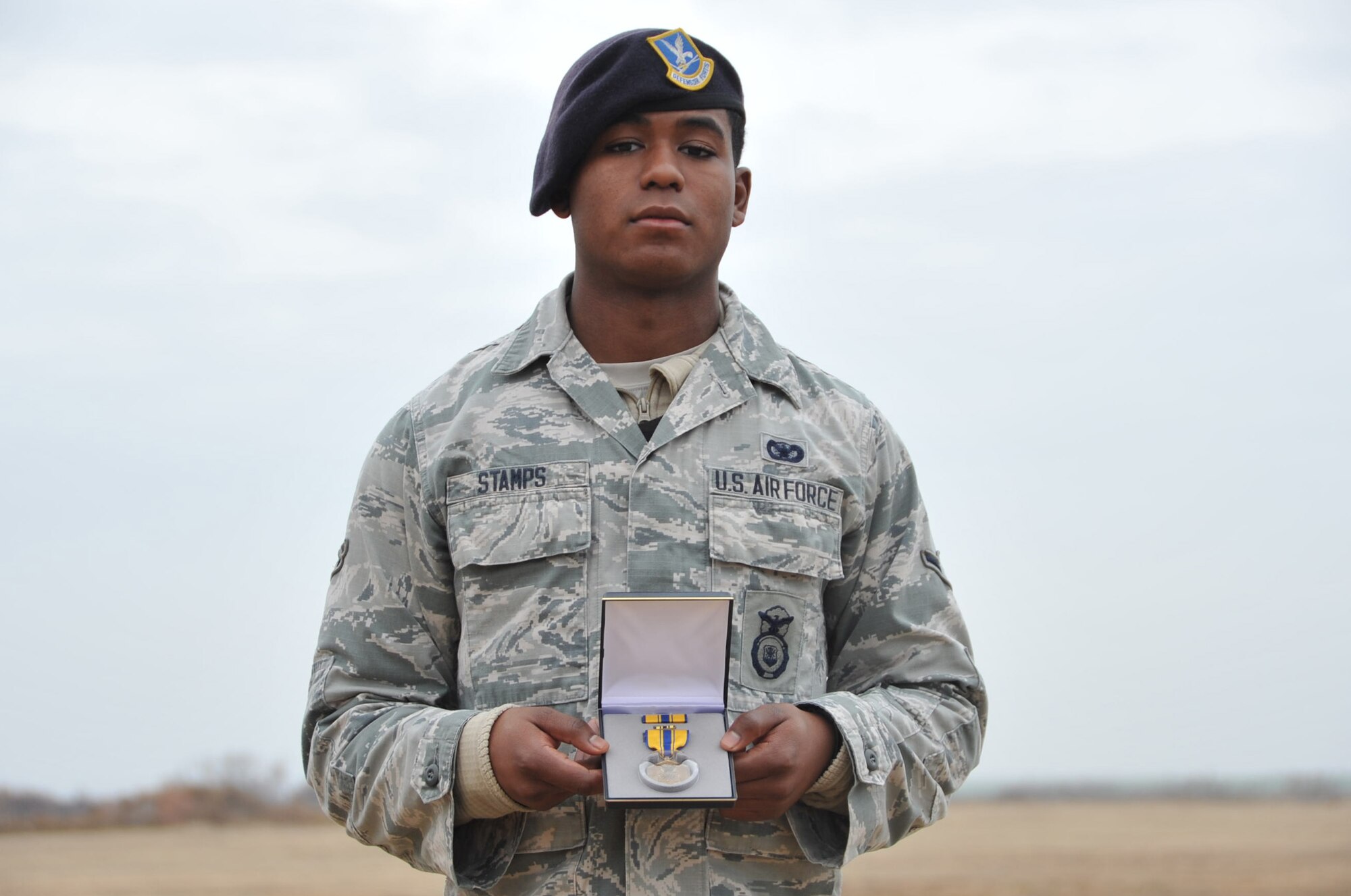 Airman Pauanthony Stamps, 82nd Security Forces Squadron entry controller, was presented an Air Force Commendation Medal Nov. 20, 2014, on Sheppard Air Force Base, Texas, for an act of courage. Stamps and a fellow wingman disarmed a highly intoxicated Airman at a party who was threatening the lives of those around him. 

