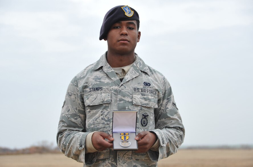 Airman Pauanthony Stamps, 82nd Security Forces Squadron entry controller, was presented an Air Force Commendation Medal Nov. 20, 2014, on Sheppard Air Force Base, Texas, for an act of courage. Stamps and a fellow wingman disarmed a highly intoxicated Airman at a party who was threatening the lives of those around him. 

