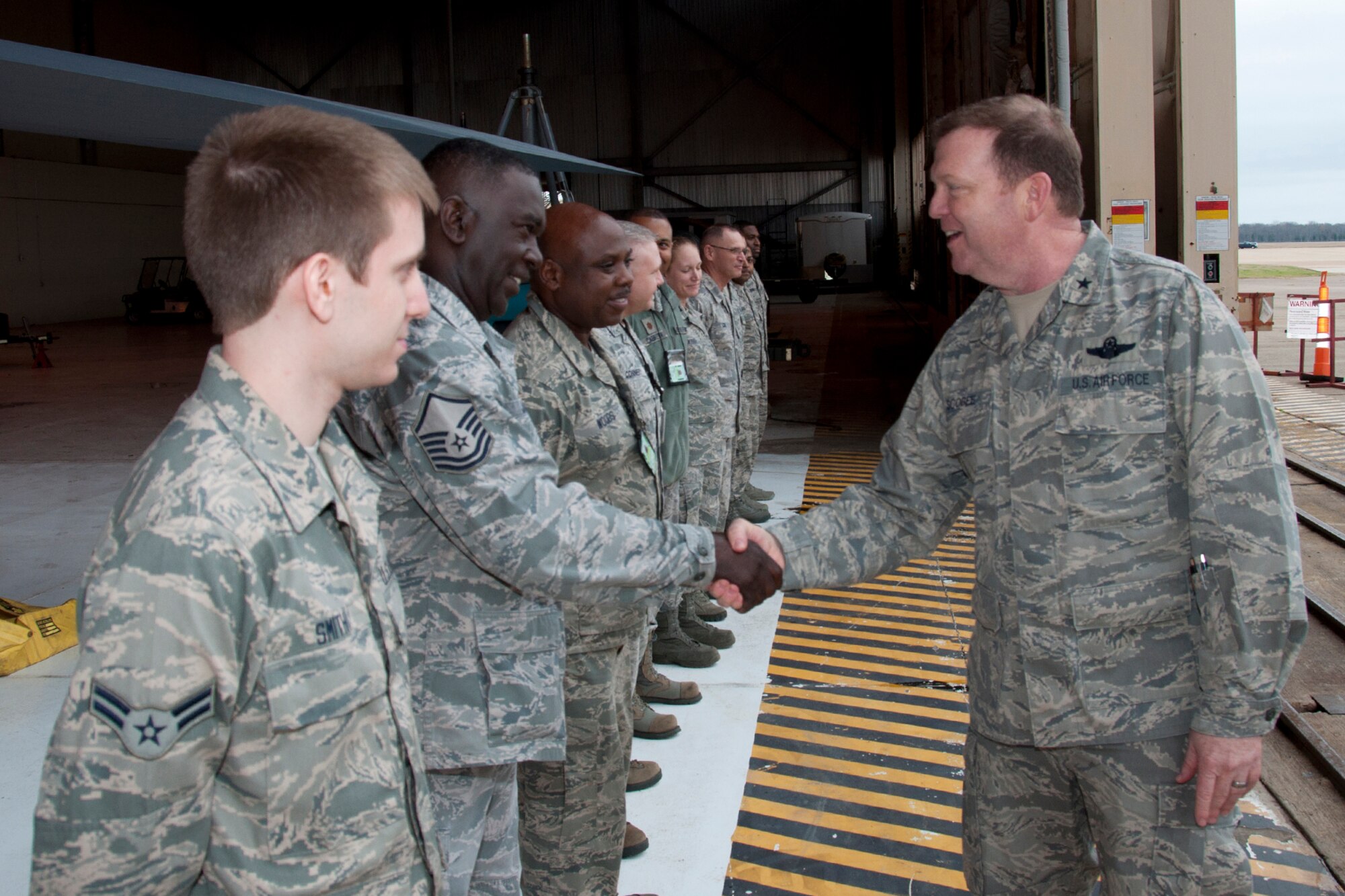 U.S. Air Force Brig. Gen. Richard Scobee, 10th Air Force commander, meets with Airmen assigned to the 307th Bomb Wing (BW) during his visit to Barksdale Air Force Base, La., Dec. 6, 2014. Scobee presided over the 307th BW Change of Command Ceremony which was held on Dec. 7, 2014. (U.S. Air Force photo by Tech. Sgt. Ted Daigle/Released)
