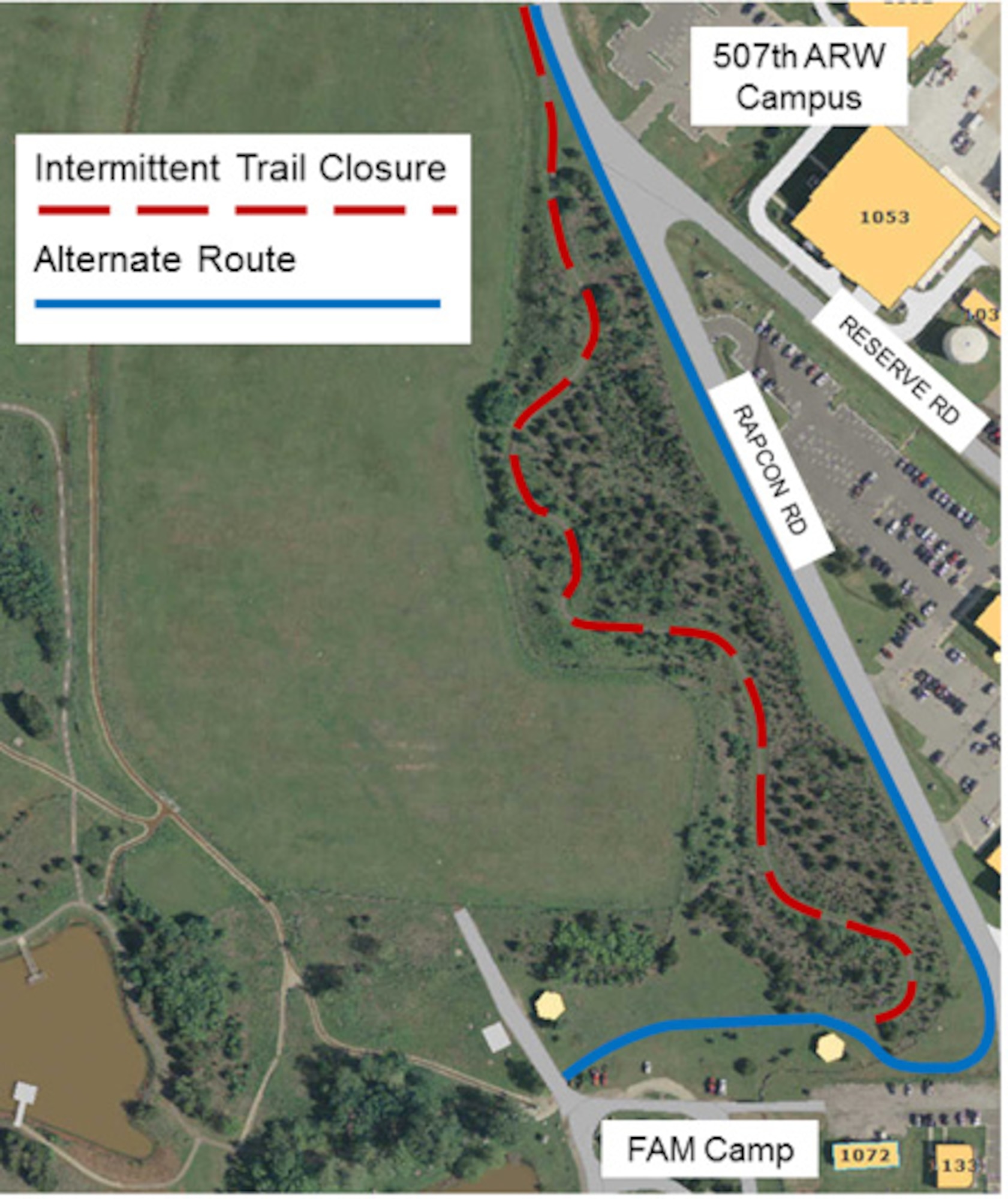 Weather permitting from Dec. 15 through the first two weeks of January, contractors will remove invasive trees in the Urban Greenway along Rapcon Road to the Tinker FAM Camp. The solid line indicates an alternate route that will get trail users back on the original trail.