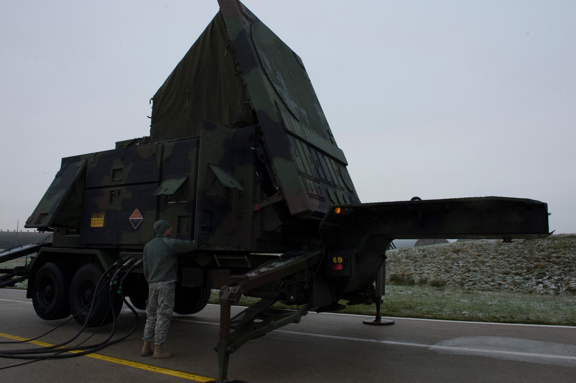 An AN/MPQ-65 multifunctional phased array radar system is used to track the location of friendly and enemy forces during training with the 480th Fighter Squadron at Spangdahlem Air Base, Germany, Dec. 9, 2014. The AN/MPQ-65 radar is responsible for searching, detecting, tracking and identification of potential threats. (U.S. Air Force photo by Staff Sgt. Christopher Ruano/Released)