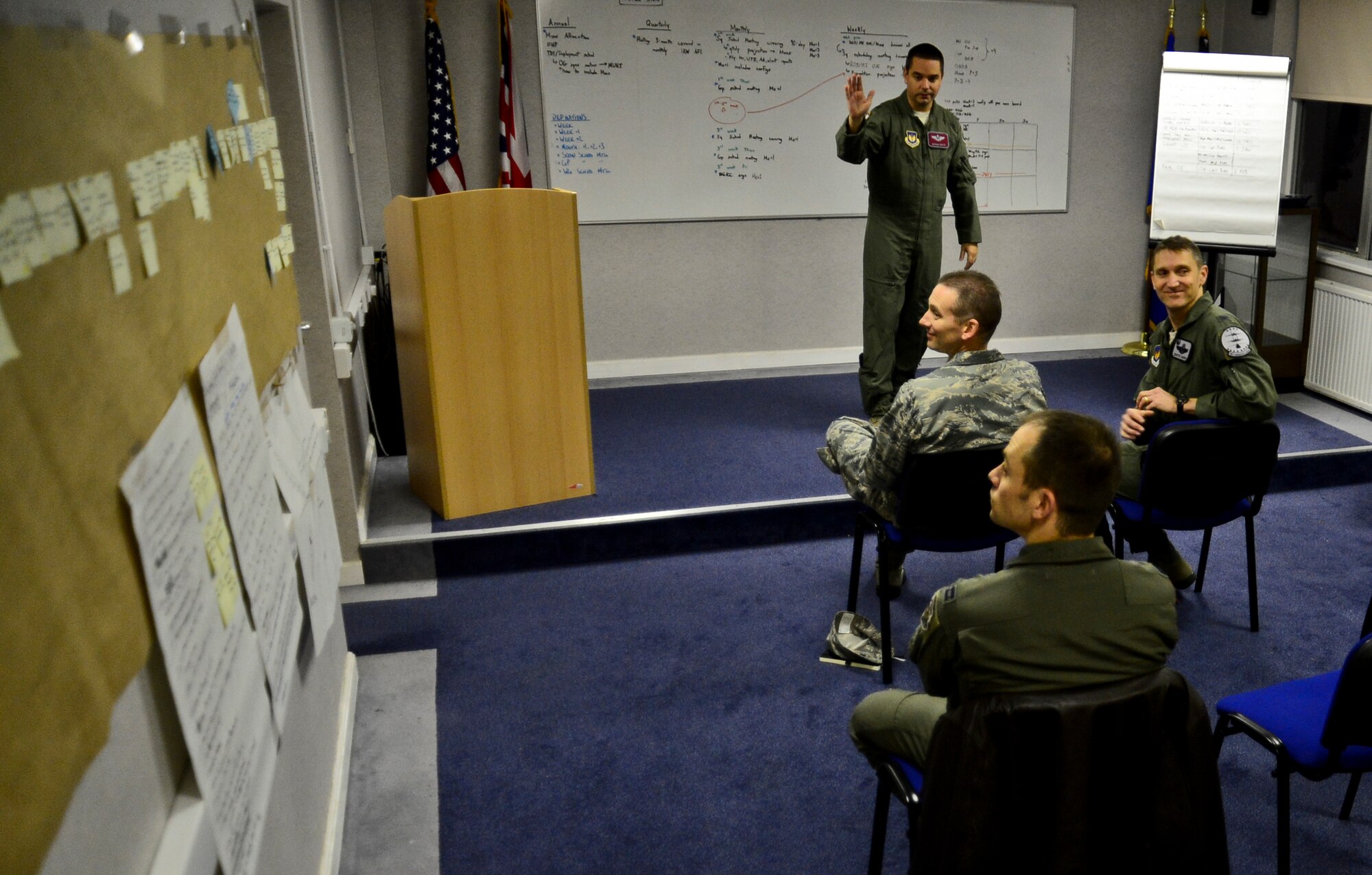 Capt. Brutus White, team lead for an Air Force Smart Operations for the 21st Century event, briefs solutions to solve the problem of unscheduled work for the 48th Munitions Squadron at Royal Air Force Lakenheath, England, Nov. 18, 2014. The team identified that the original scheduling process had not taken into consideration the work schedule for the 48th Munitions Squadron, which resulted in instability in the shop and unscheduled work orders. (U.S. Air Force photo by Airman 1st Class Erin R. Babis/ Released)