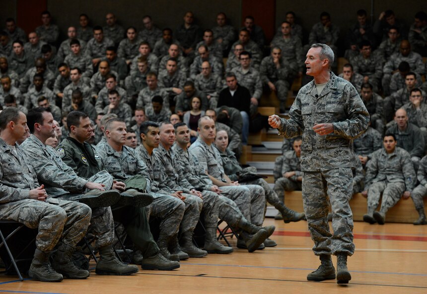 U.S. Air Force Lt. Gen. Darryl Roberson, 3rd Air Force and 17th Expeditionary Air Force commander, speaks during an all call at the Skelton Memorial Fitness Center on Spangdahlem Air Base, Germany, Dec. 9, 2014. Roberson spoke about his priorities and the direction the Air Force is moving in. (U.S. Air Force photo by Airman 1st Class Luke Kitterman/Released)