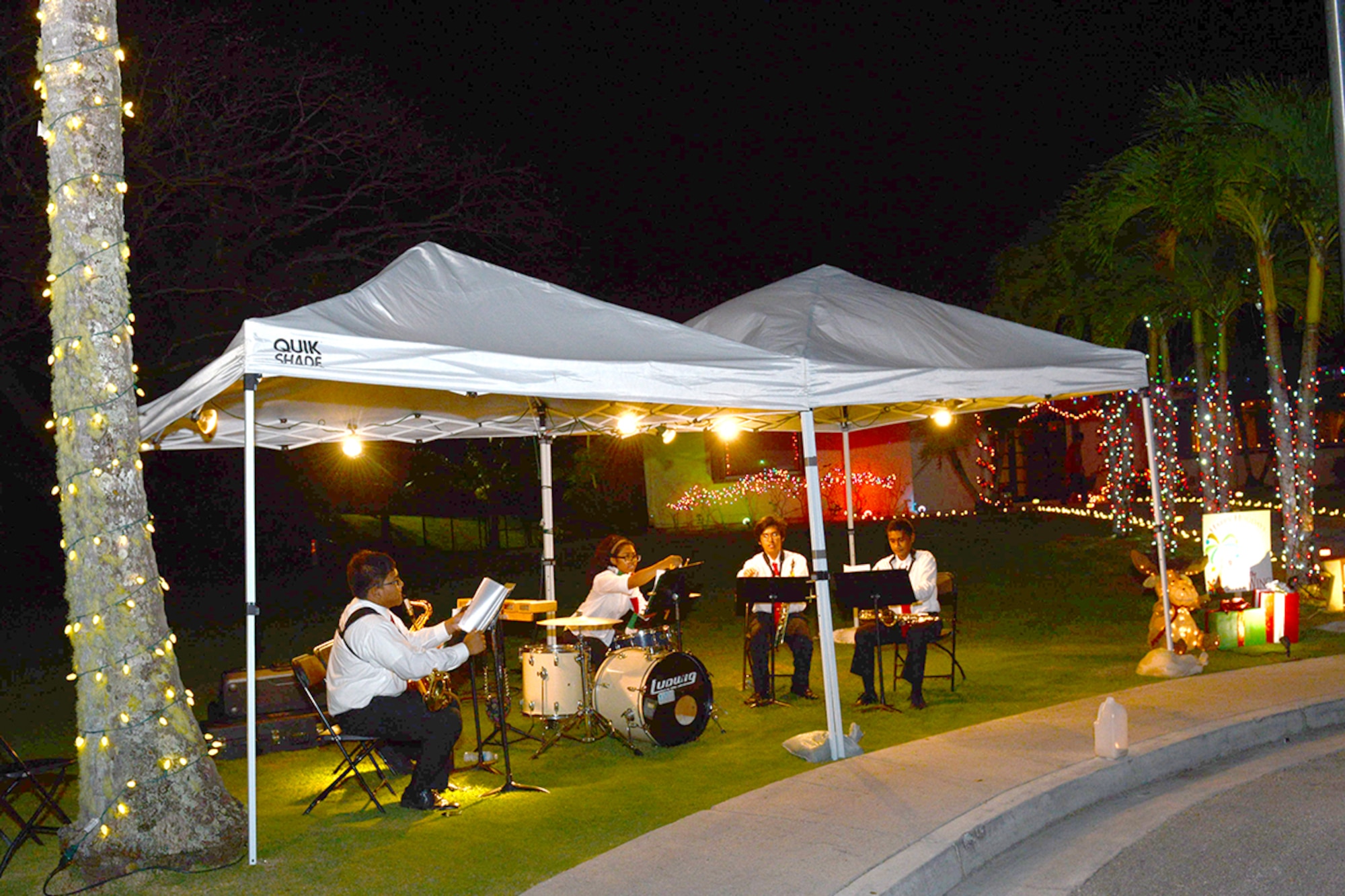 Members of the Guam National Guard Band play holiday music on Rota Drive for Team Andersen members during the annual base Rota Walk Dec. 13, 2014, at Andersen Air Force Base, Guam. Hundreds military members and civilians attended the event which is held every December to showcase holiday decorations in the base housing area on Rota Drive.(U.S. Air Force photo by Tech. Sgt. Zachary Wilson/Released)