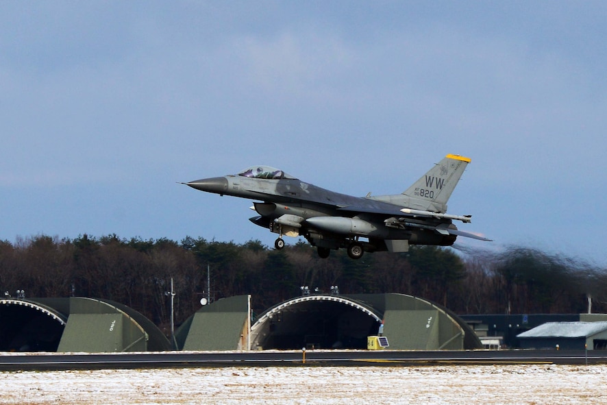 An F-16 Fighting Falcon assigned to the 35th Fighter Wing departs Misawa Air Base, Japan, Dec. 4, 2014. Numerous F-16s left Misawa for Osan AB in support of Beverly Sunrise 15-1, an exercise that deployed more than 200 Airmen and incorporated five Pacific Air Forces bases. (U.S. Air Force photo by Staff Sgt. Derek VanHorn/Released)