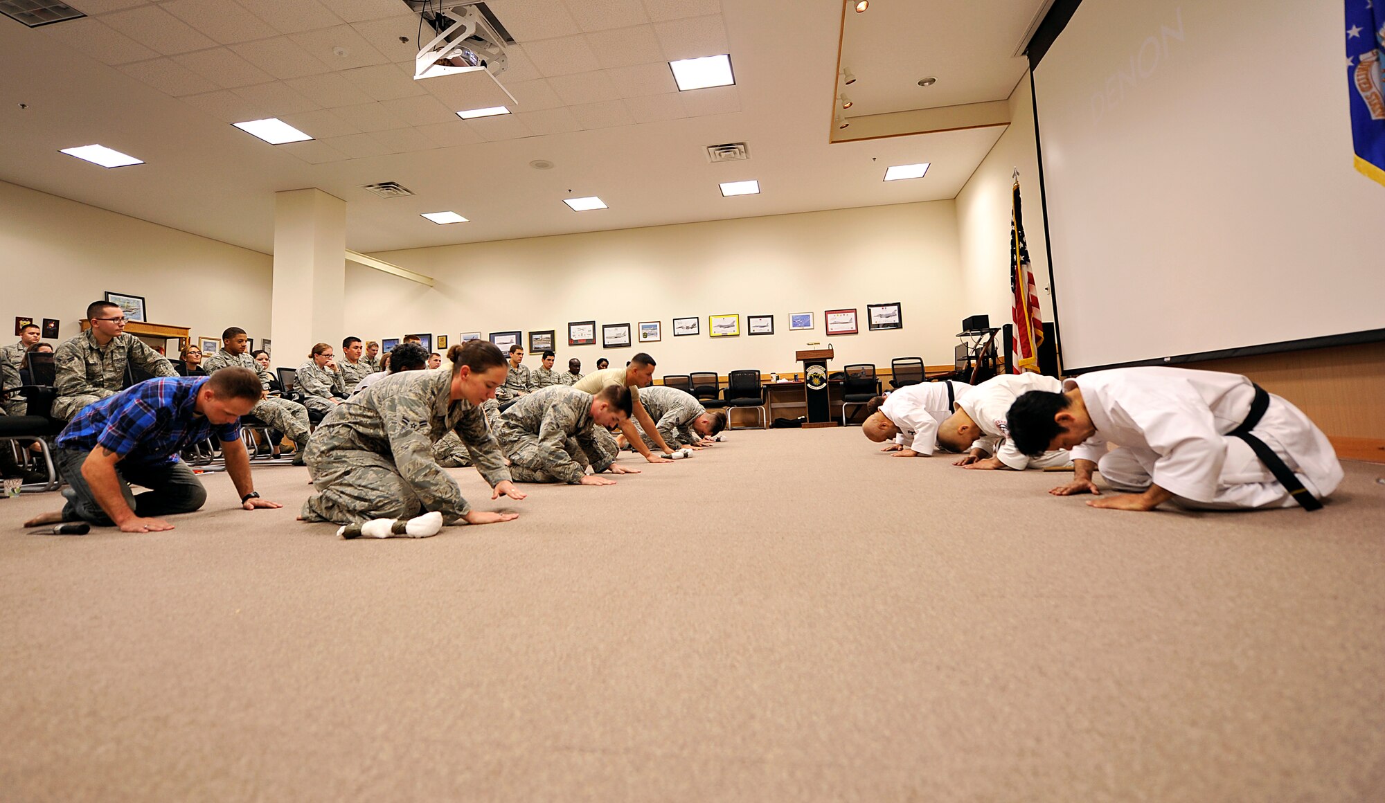 Volunteers and Bunbukan Karate instructors bow after a demonstration on Kadena Air Base, Japan, Dec. 12, 2014. The demonstration followed a cultural brief to increase Airmen's awareness of how Okinawa's past relates to local attitudes toward the U.S. military today. Members also had an opportunity to see and participate in a Karate demonstration led by Masahiro Nakamoto, Okinawa Traditional Kobudo Preservation Society president, and his assistants. (U.S. Air Force photo by Naoto Anazawa/Released)