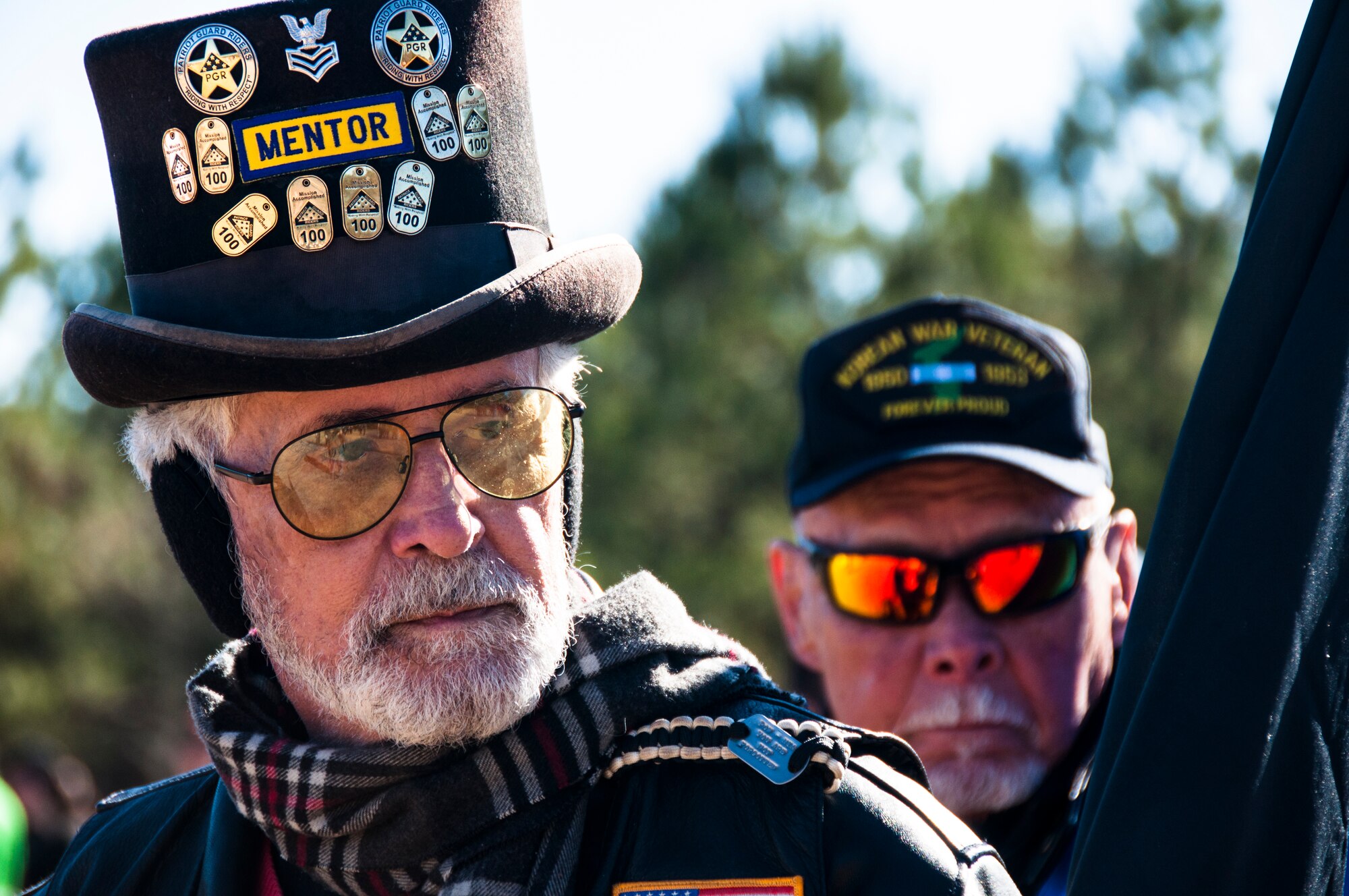 A member of the Patriot Guard Riders stands in formation for the Wreaths Across America ceremony at Georgia National Cemetery Dec. 13, 2014. The Patriot Guard Riders is an organization based in the United States whose members attend the funerals of members of the U.S. military, firefighters and police at the invitation of a decedent's family. (U.S. Air Force photo/Senior Airman Daniel Phelps)