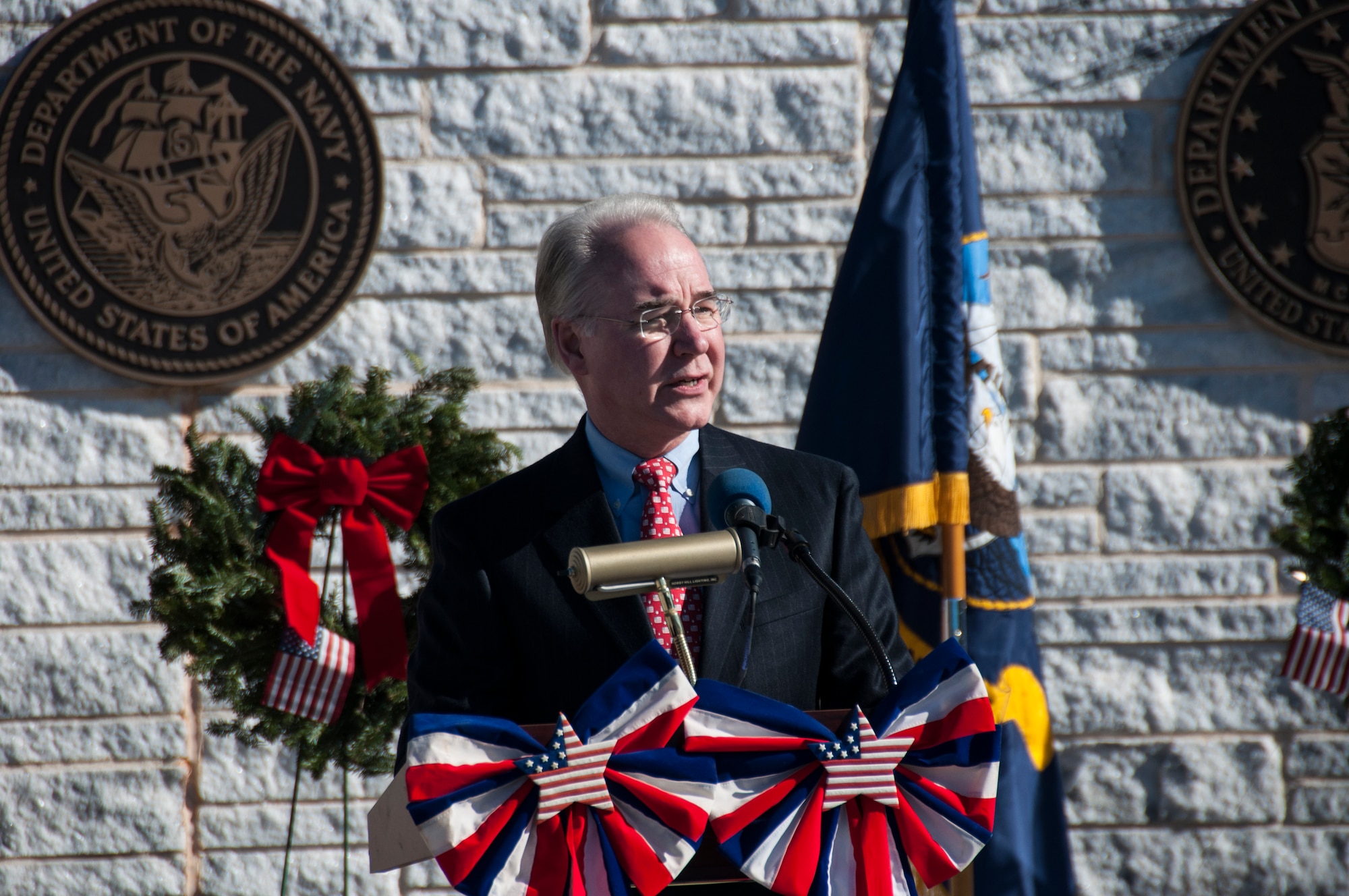 Rep. Tom Price (R-GA) speaks to volunteers at the Wreaths Across America ceremony at Georgia National Cemetery Dec. 13, 2014. Price serves on the House Committee on Ways and Means, as well as the House Committee on Education and the Workforce. (U.S. Air Force photo/Senior Airman Daniel Phelps)