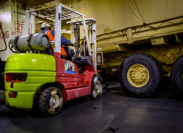 Army vehicles are positioned onto the USNS Watkins (T-AKR 315), Dec. 20, 2014, at Joint Base Charleston, S.C. Once loaded with more than 1,200 pieces of military equipment, the 950-foot long ship will embark to a prepositioned location overseas. (U.S. Air Force photo / Senior Airman Tom Brading)