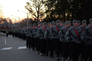 More than 2,500 U.S. Army Soldiers from various units at Ft. Eustis participate in the 15th annual Holiday Run at Fort Eustis, Va., Dec. 12, 2014. The event consisted of a 2.2 mile run around the installation with various units. Participants had the option to donate a toy to the U.S. Marine Toys for Tots Foundation. (U.S. Air Force photo by Staff Sgt. Teresa J. Cleveland/Released)