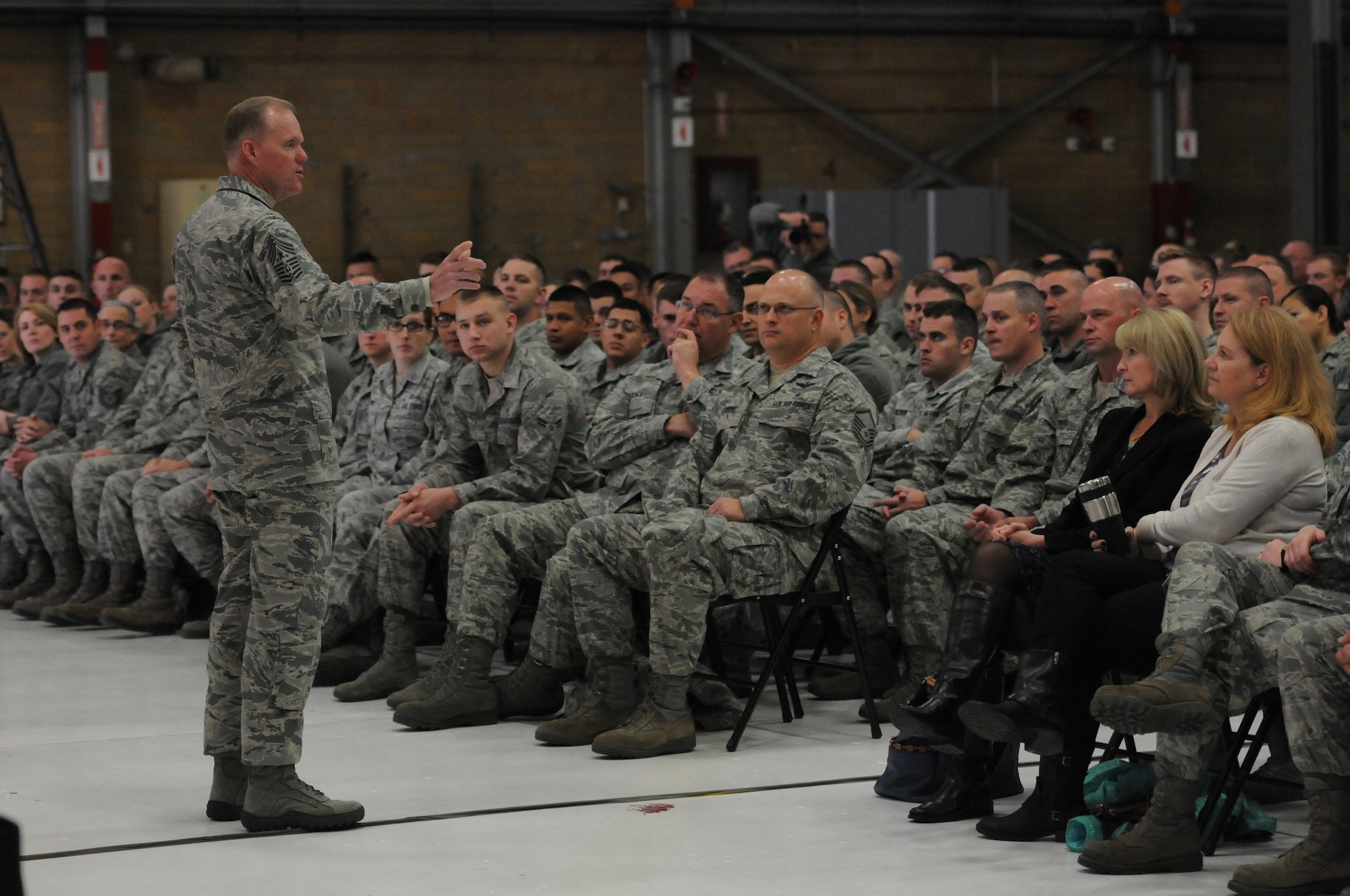 Chief Master Sgt. of the Air Force James A. Cody holds an Airmen's Call while visiting the 934th Airlift Wing, Minneapolis, Minn., Nov.1, 2014.  In addition to sharing remarks, Chief Cody opened the floor up for questions where he was able to address the concerns of Airmen.  (U.S. Air National Guard photo by Master Sgt. Ralph J. Kapustka) 
