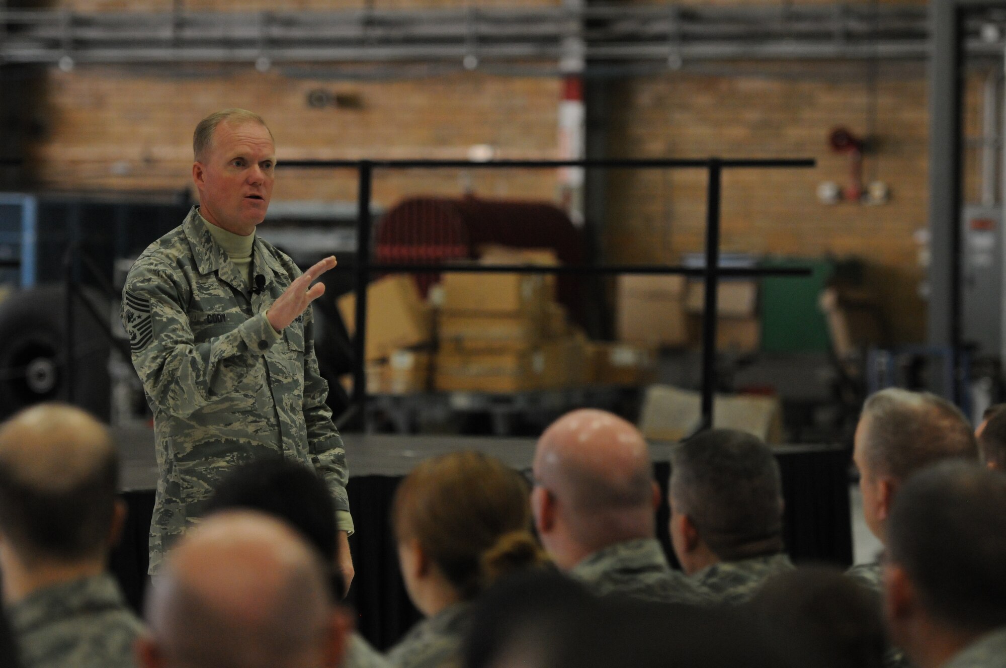 Chief Master Sgt. of the Air Force James A. Cody holds an Airmen's Call while visiting the 934th Airlift Wing, Minneapolis, Minn., Nov.1, 2014.  In addition to sharing remarks, Chief Cody opened the floor up for questions where he was able to address the concerns of Airmen.  (U.S. Air National Guard photo by Master Sgt. Ralph J. Kapustka) 
