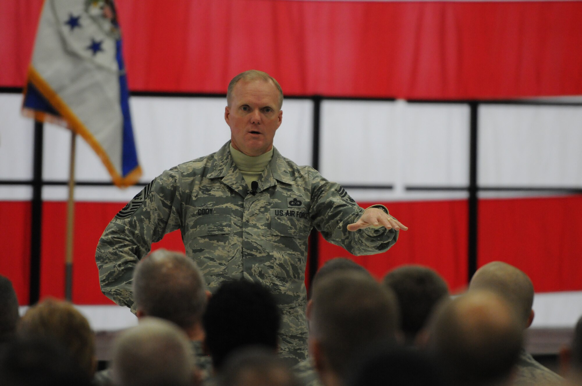Chief Master Sgt. of the Air Force James A. Cody holds an Airmen's Call while visiting the 934th Airlift Wing, Minneapolis, Minn., Nov.1, 2014.  In addition to sharing remarks, Chief Cody opened the floor up for questions where he was able to address the concerns of Airmen.  (U.S. Air National Guard photo by Master Sgt. Ralph J. Kapustka) 
