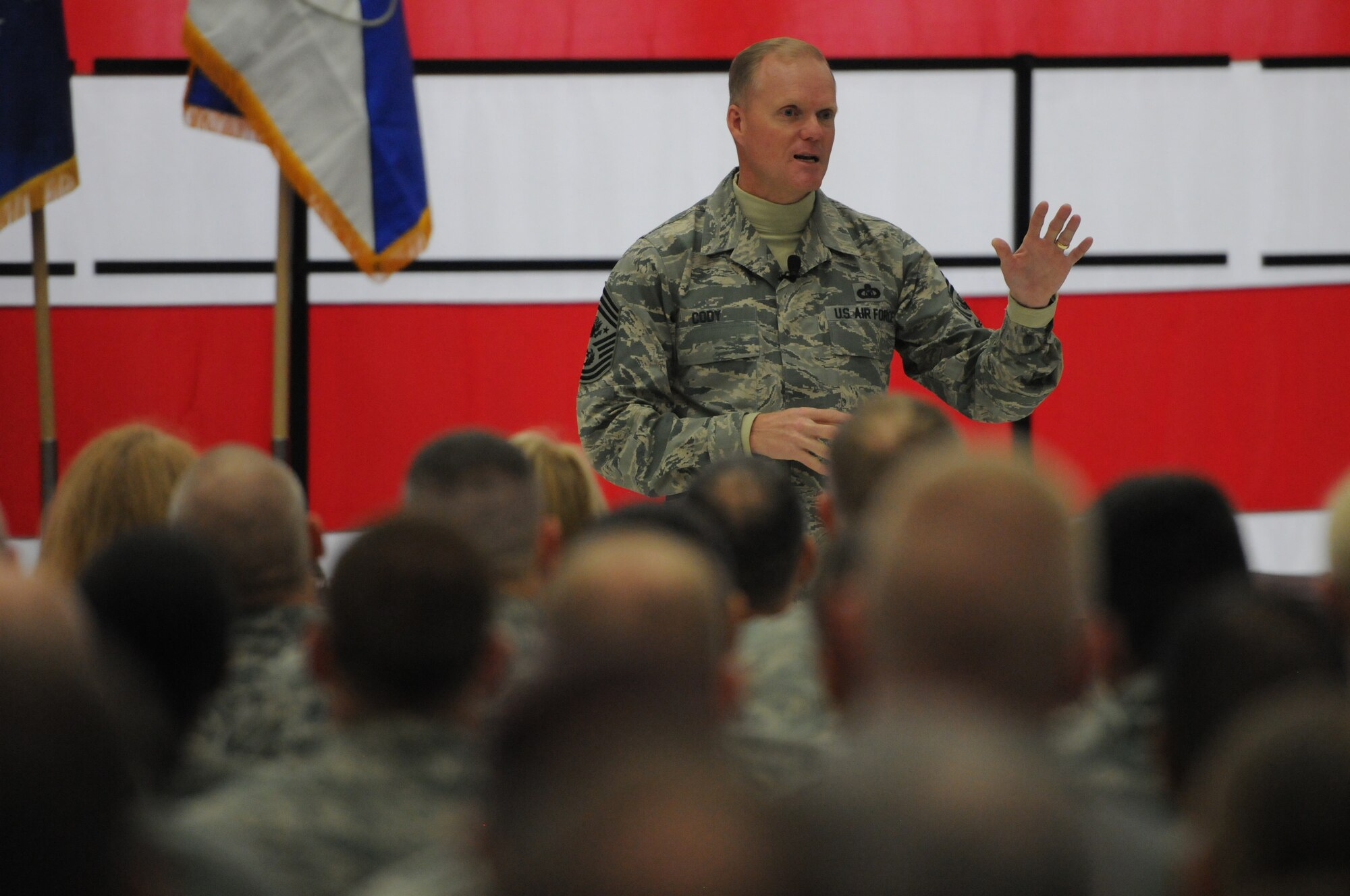 Chief Master Sgt. of the Air Force James A. Cody holds an Airmen's Call while visiting the 934th Airlift Wing, Minneapolis, Minn., Nov.1, 2014.  In addition to sharing remarks, Chief Cody opened the floor up for questions where he was able to address the concerns of Airmen.  (U.S. Air National Guard photo by Master Sgt. Ralph J. Kapustka) 
