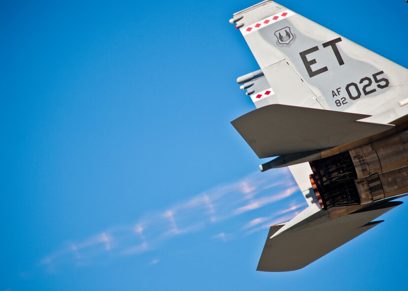 A 40th Flight Test Squadron F-15 soars up upon takeoff from the Eglin Air Force Base runway for a morning sortie.  The 40th FTS Airmen fly operational test missions in the F-16, F-15 and A-10. The 40th FTS is a squadron in the 96th Test Wing. (U.S. Air Force photo/Samuel King Jr.)