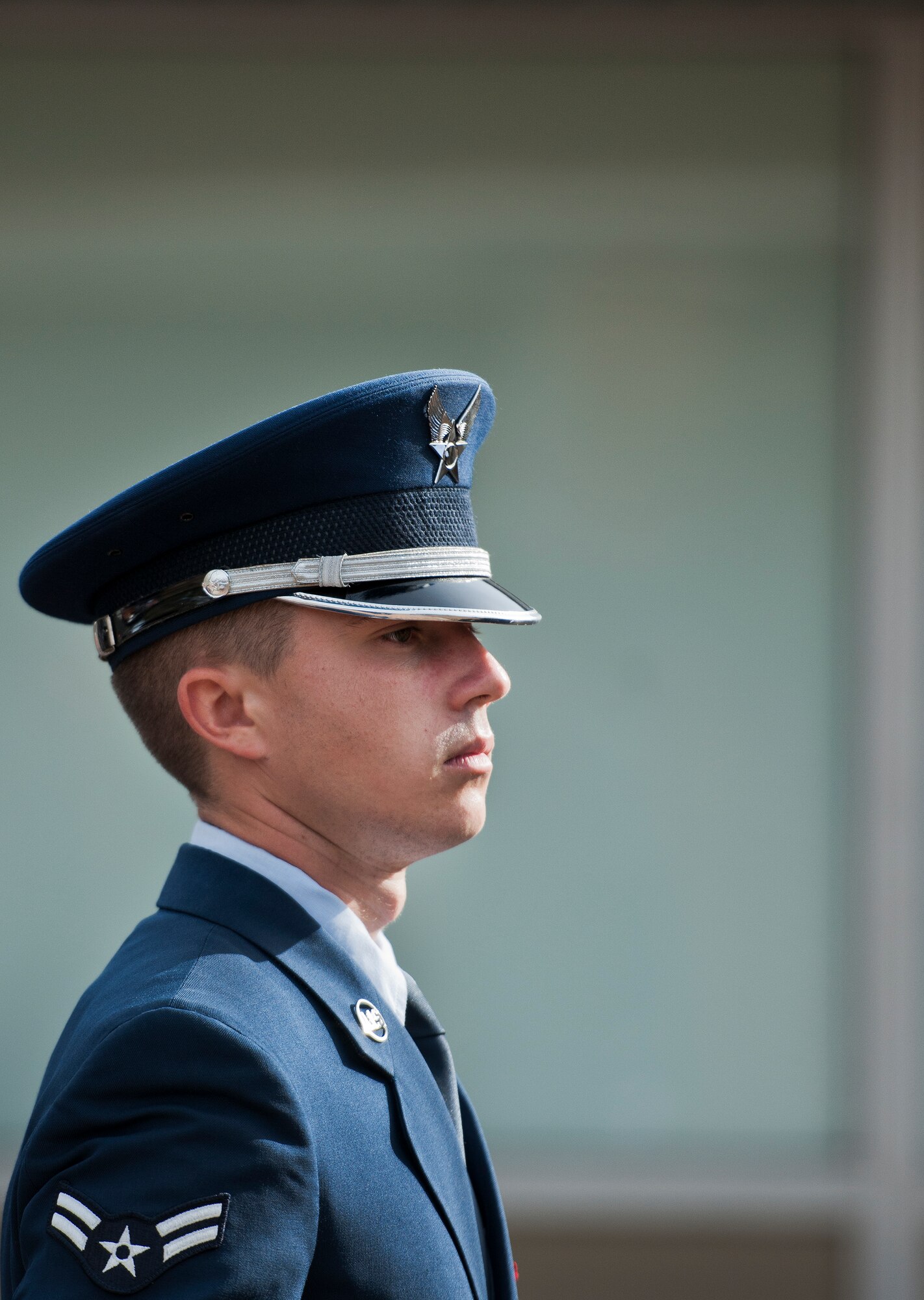 A new honor guard member waits in formation prior to the honor guard graduation Dec. 3 at Eglin Air Force Base, Fla.  Approximately 12 new Airmen graduated from the 80-plus-hour course. The graduation performance is a full military honors funeral to include flag detail, rifle volley, pall bearers and bugler.  (U.S. Air Force photo/Samuel King Jr.)