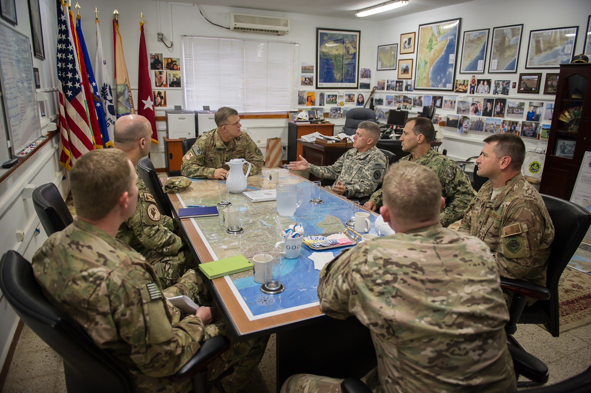 Gen. Frank Gorenc, U.S. Air Forces in Europe and Air Forces Africa commander, speaks to Combined Joint Task Force Horn of Africa leadership at Camp Lemmonier, Djibouti during a base visit Dec. 10, 2014. Gorenc and his command chief, Chief Master Sgt. James E. Davis, toured bases in Europe and Africa to speak to Airmen and answer their questions regarding the future of the Air Force. (U.S. Air Force photo/ Staff Sgt. Ryan Crane)
