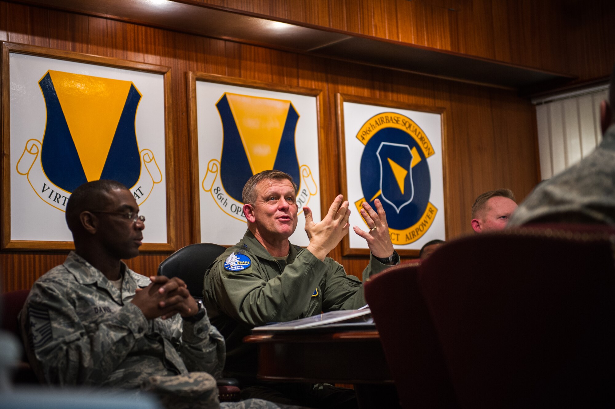 Gen. Frank Gorenc, U.S. Air Forces in Europe and Air Forces Africa commander, speaks to wing leadership at Moron Air Base, Spain during a base visit Dec. 8, 2014. Gorenc and his command chief, Chief Master Sgt. James E. Davis, toured bases in Europe and Africa to speak to Airmen and answer their questions regarding the future of the Air Force. (U.S. Air Force photo/ Staff Sgt. Ryan Crane)