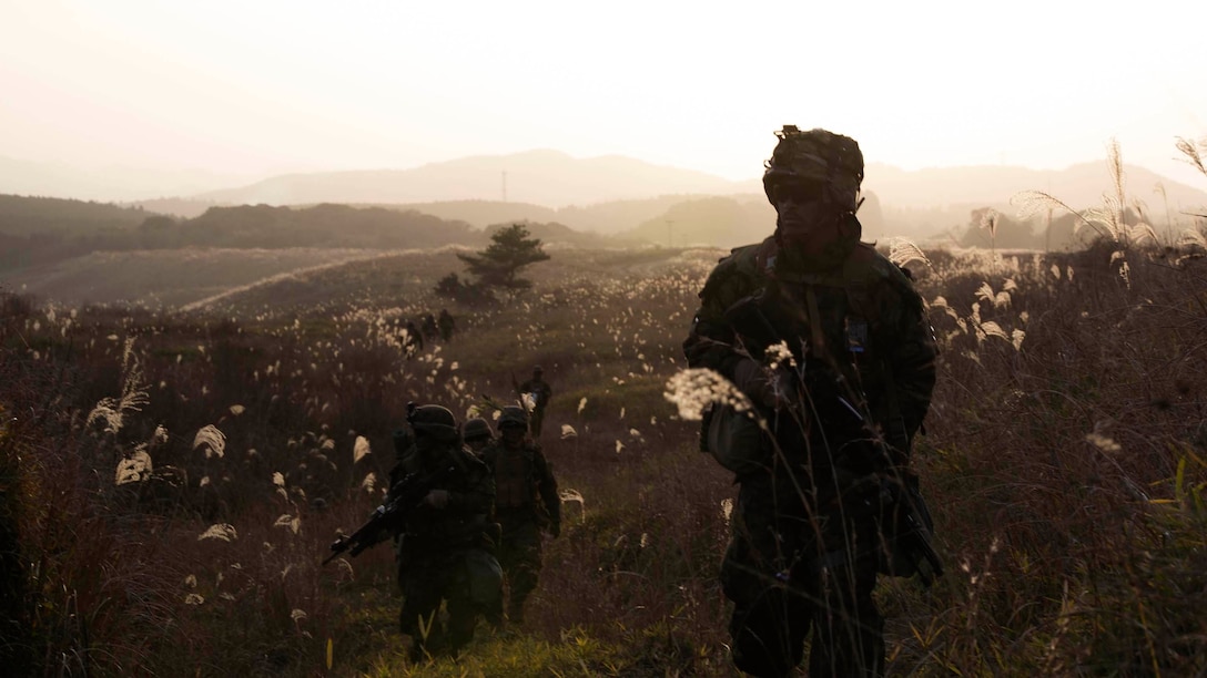 U.S. Marines lead a foot patrol Dec. 9 during Forest Light 15-1 at the Oyanohara Training Area in Yamato, Kumamoto prefecture, Japan. Forest Light is a routine, semi-annual exercise designed to enhance the U.S. and Japan military partnership, solidify regional security agreements and improve individual and unit-level skills. The Marines are with 2nd Battalion, 9th Marine Regiment, currently attached to 4th Marine Regiment, 3rd Marine Division, III Marine Expeditionary Force, under the unit deployment program. 