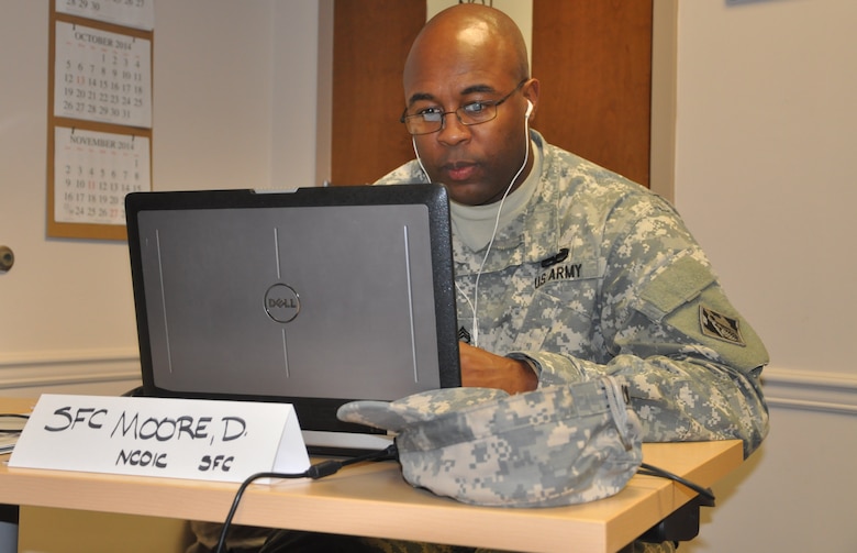 Sgt. 1st Class Demetrius Moore, 542nd FEST-A non-commissioned officer in charge, conducts individual online training on a digital graphics programs known as AutoCAD at district headquarters in Savannah. Previously, Moore and his team cemented their technical proficiency during collective training exercises held at Hunter Army Airfield and Fort Stewart, both in Georgia, to prepare for their upcoming deployment.