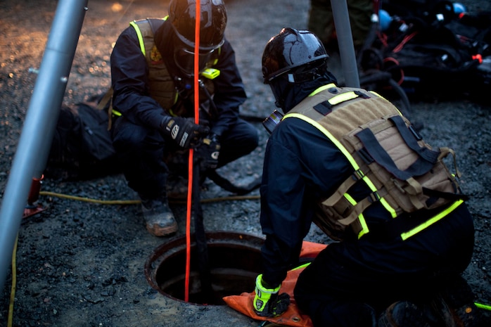 Marines and Sailors with the Chemical Biological Incident Response Force, II Marine Expeditionary Force put their training to use during Exercise Sudden Response aboard Marine Corps Base Quantico on Friday, December 5. Exercise Sudden Response is a Joint Task Force Civil Support exercise designed to challenge the combined forces with multiple scenarios, which could be encountered during a chemical, biological, radiological, nuclear or high-yield explosive incident. CBIRF trained along side the 911th Technical Rescue Engineer Company, the 89th Chemical Company, 3rd Armored Cavalry Regiment, and the 720th Military Police Battalion. CBIRF is prepared to respond, with minimal warning, to any CBRNE event in order to assist local, state, or federal agencies and the geographic combatant commanders in the conduct of CBRNE response or consequence management operations. (Official Marine Corps Photo by Sgt. Kuande L. Hall/RELEASED).