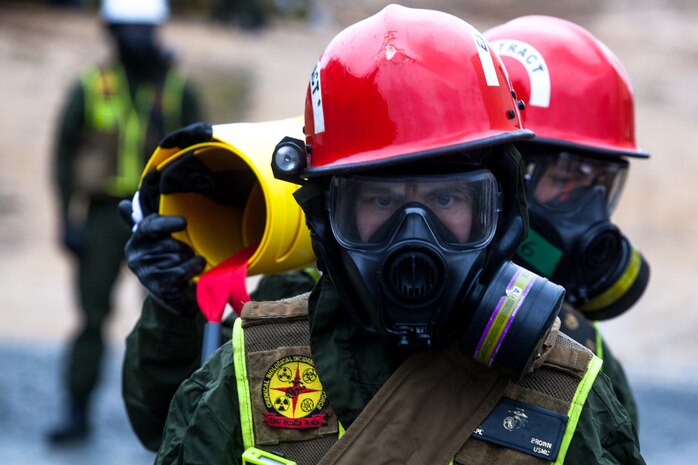 Marines and Sailors with the Chemical Biological Incident Response Force, II Marine Expeditionary Force put their training to use during Exercise Sudden Response aboard Marine Corps Base Quantico on Friday, December 5. Exercise Sudden Response is a Joint Task Force Civil Support exercise designed to challenge the combined forces with multiple scenarios, which could be encountered during a chemical, biological, radiological, nuclear or high-yield explosive incident. CBIRF trained along side the 911th Technical Rescue Engineer Company, the 89th Chemical Company, 3rd Armored Cavalry Regiment, and the 720th Military Police Battalion. CBIRF is prepared to respond, with minimal warning, to any CBRNE event in order to assist local, state, or federal agencies and the geographic combatant commanders in the conduct of CBRNE response or consequence management operations. (Official Marine Corps Photo by Sgt. Kuande L. Hall/RELEASED).