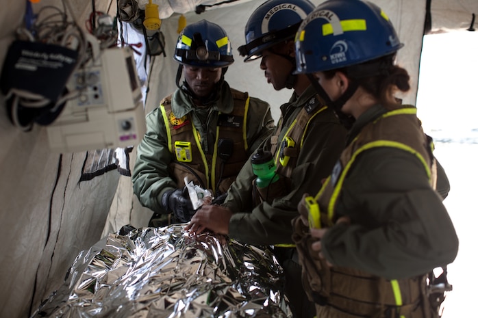 Marines and Sailors with the Chemical Biological Incident Response Force, II Marine Expeditionary Force put their training to use during Exercise Sudden Response aboard Marine Corps Base Quantico on Friday, December 5. Exercise Sudden Response is a Joint Task Force Civil Support exercise designed to challenge the combined forces with multiple scenarios, which could be encountered during a chemical, biological, radiological, nuclear or high-yield explosive incident. CBIRF trained along side the 911th Technical Rescue Engineer Company, the 89th Chemical Company, 3rd Armored Cavalry Regiment, and the 720th Military Police Battalion. CBIRF is prepared to respond, with minimal warning, to any CBRNE event in order to assist local, state, or federal agencies and the geographic combatant commanders in the conduct of CBRNE response or consequence management operations. (Official Marine Corps Photo by Sgt. Kuande L. Hall/RELEASED).