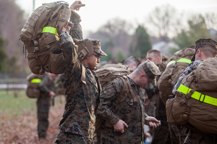 The Marines and Sailors of the Chemical Biological Incident Response Force, II Marine Expeditionary Force conduct a 9-mile conditioning hike on December 12 aboard Naval Support Facility Indian Head. (Official Marine Corps Photo by Sgt. Kuande L. Hall/RELEASED).